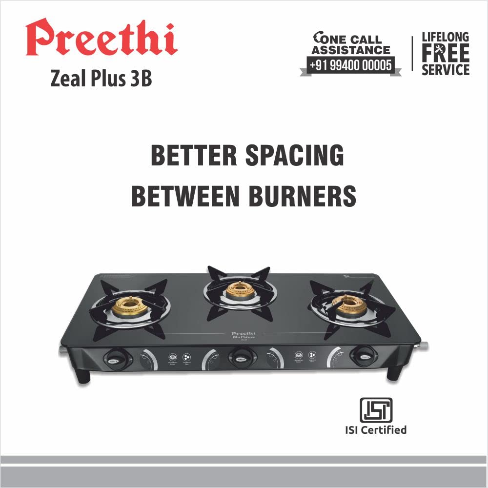 Preethi Blu Flame Zeal Plus Glass Top 3 Burner Manual Gas Stove GTS ekitchen.in