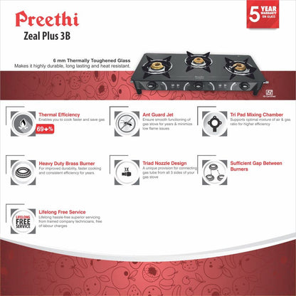 Preethi Blu Flame Zeal Plus Glass Top 3-Burner Manual Gas Stove - GTS 408