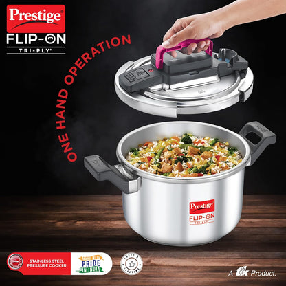 Prestige FLIP-ON TRI-PLY Stainless Steel Pressure Cooker with Glass Lid 22cm (5Litres, Innovative Lock Lid with Spillage Control) - 20709