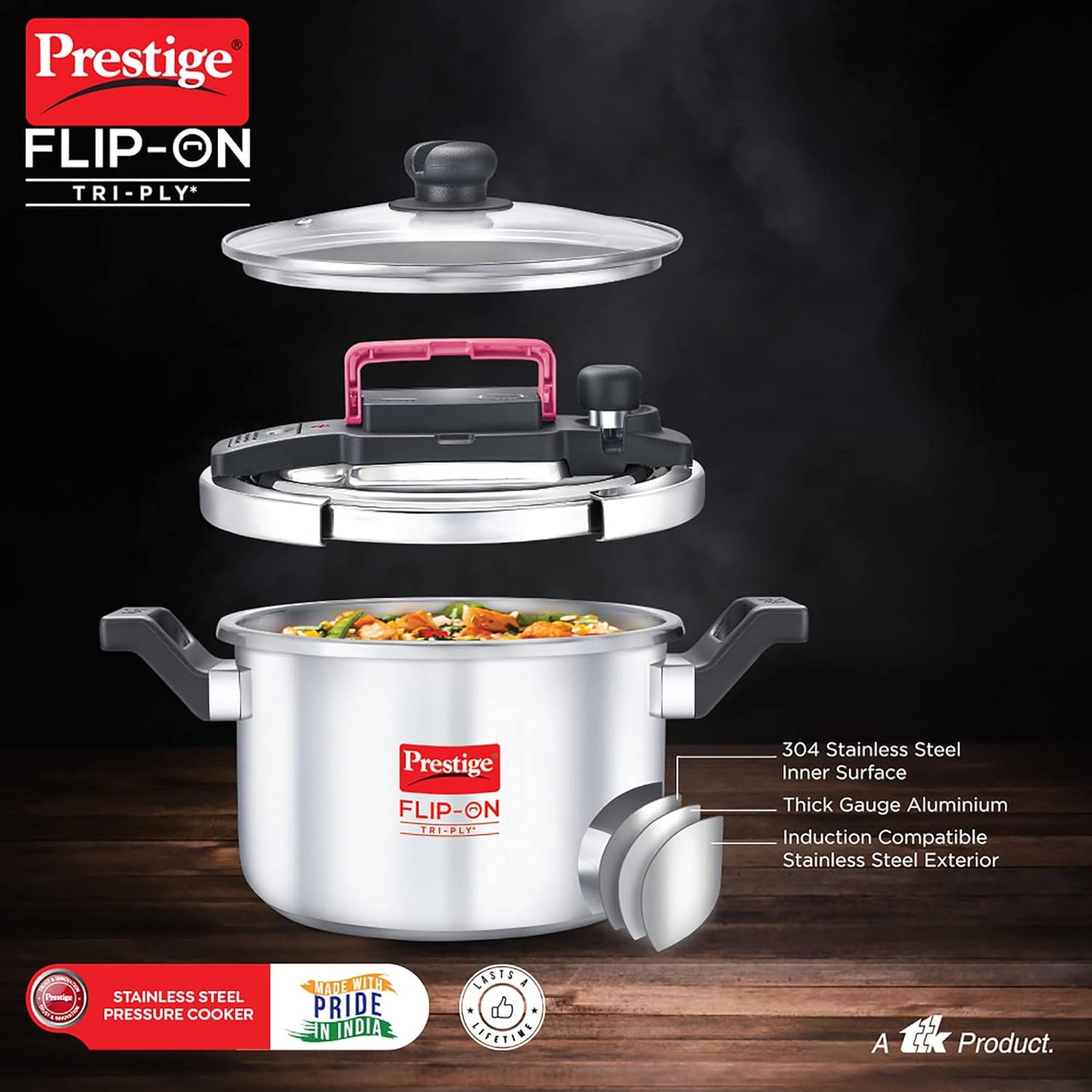 Prestige FLIP-ON TRI-PLY Stainless Steel Pressure Cooker with Glass Lid 22cm (5Litres, Innovative Lock Lid with Spillage Control) - 20709