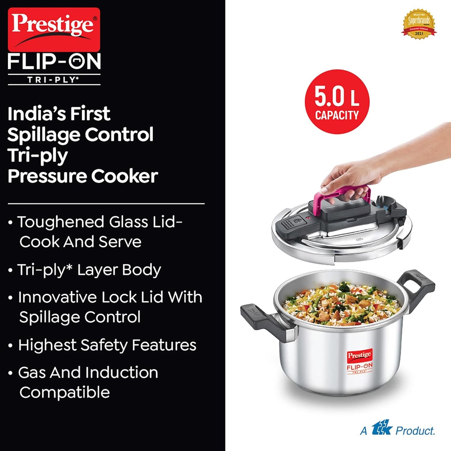 Prestige FLIP-ON TRI-PLY Stainless Steel Pressure Cooker with Glass Lid 22cm (5Litres, Innovative Lock Lid with Spillage Control) - 20709