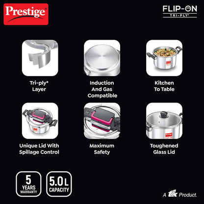 Prestige FLIP-ON TRI-PLY Stainless Steel Pressure Cooker with Glass Lid 22cm (5Litres, Innovative Lock Lid with Spillage Control) - 20709