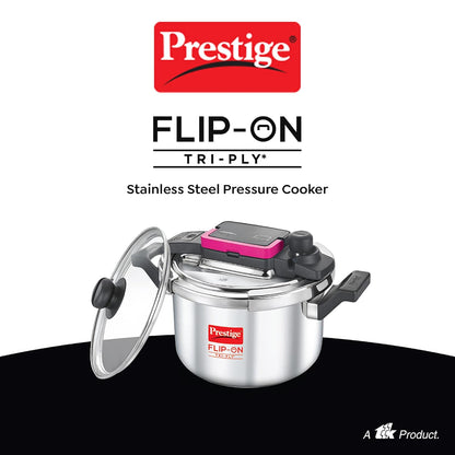 Prestige FLIP-ON TRI-PLY Stainless Steel Pressure Cooker with Glass Lid 22cm (5Litres, Innovative Lock Lid with Spillage Control) - 20709