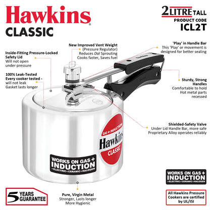 Hawkins Classic 2 Litres Tall Induction Base Aluminium Inner Lid Pressure Cooker - ICL2T