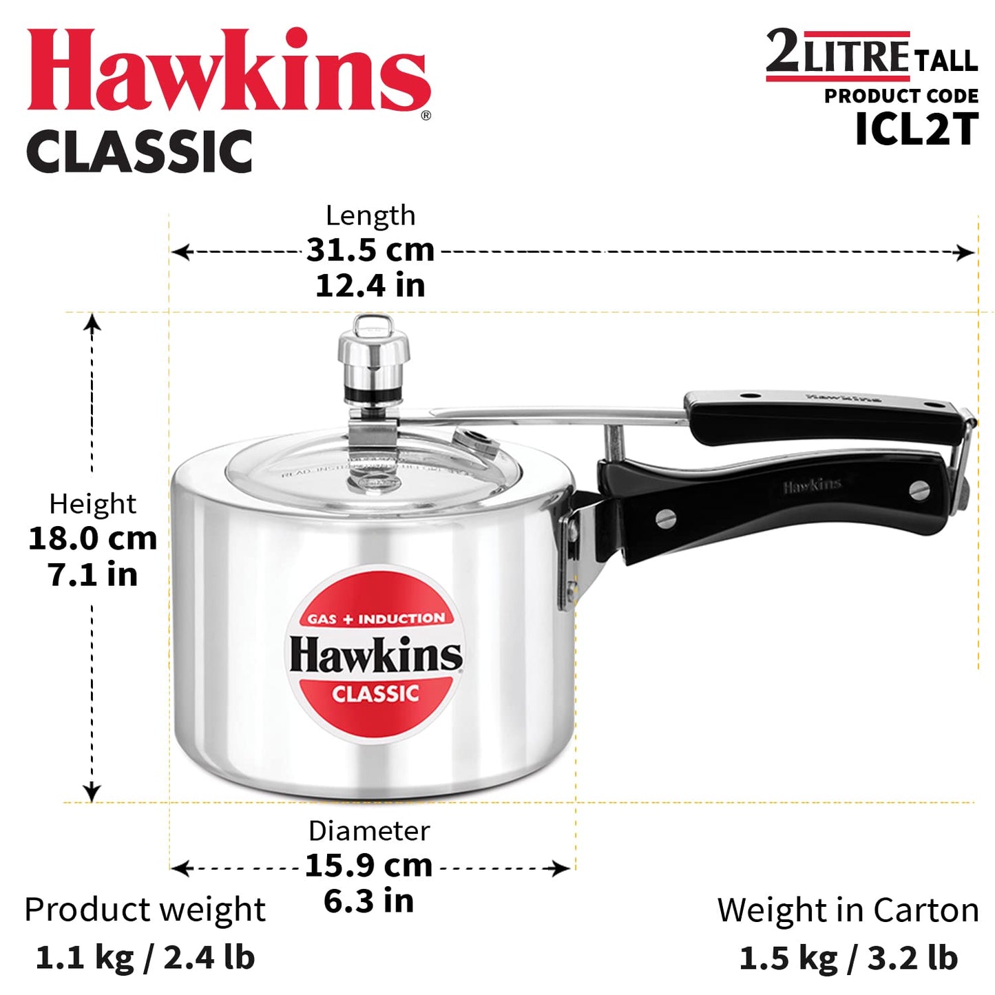 Hawkins Classic 2 Litres Tall Induction Base Aluminium Inner Lid Pressure Cooker - ICL2T