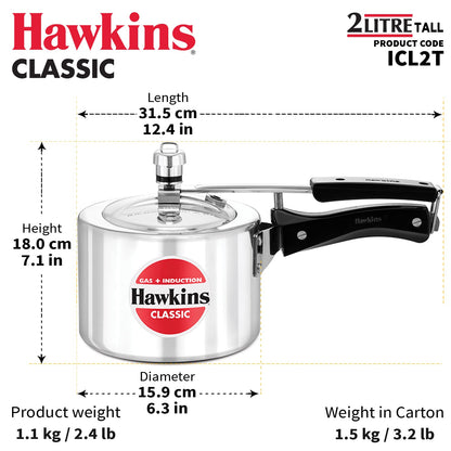 Hawkins Classic 2 Litres Tall Induction Base Aluminium Inner Lid Pressure Cooker - ICL2T