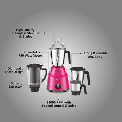 Preethi Galaxy Plus MG-250 Mixer grinder | 750 watt | Pink/Black | 4 Jars - Super Extractor juicer Jar, Vega W5 Motor with 5yr Warranty & Lifelong Free Service