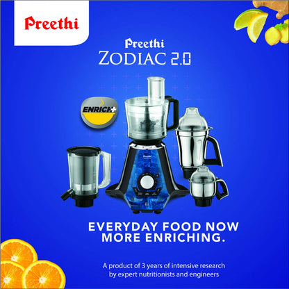 Preethi Zodiac 2.0 Mixer Grinder, 750 watt with 4 jars includes 3 In 1 insta fresh juicer Jar, Master chef food processor Jar (Black) - MG 235