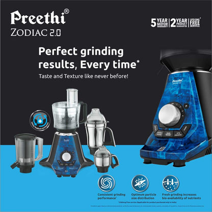 Preethi Zodiac 2.0 Mixer Grinder, 750 watt with 4 jars includes 3 In 1 insta fresh juicer Jar, Master chef food processor Jar (Black) - MG 235