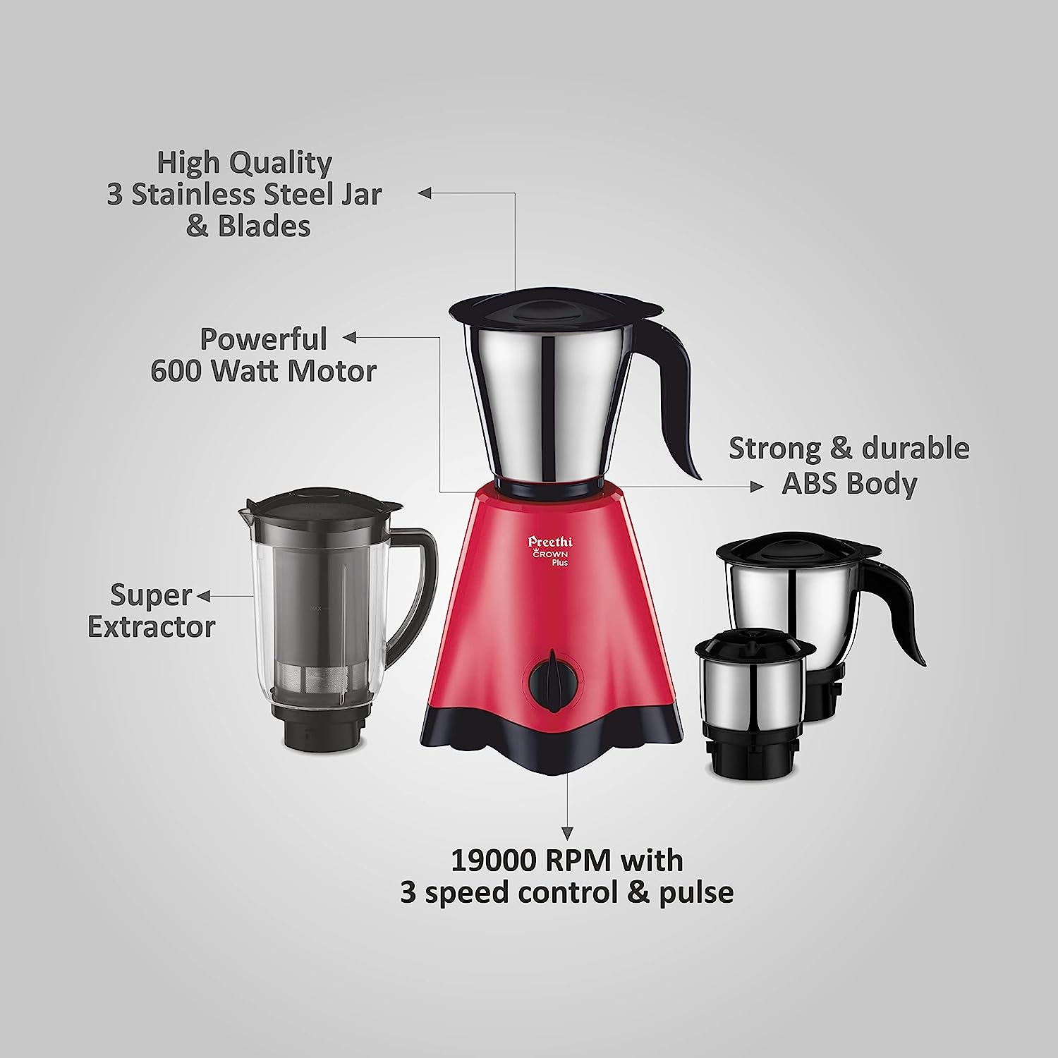 Preethi Steel Supreme Mg-208 750-Watt Mixer Grinder (Silver/Black) Normal Normal Silver and Black