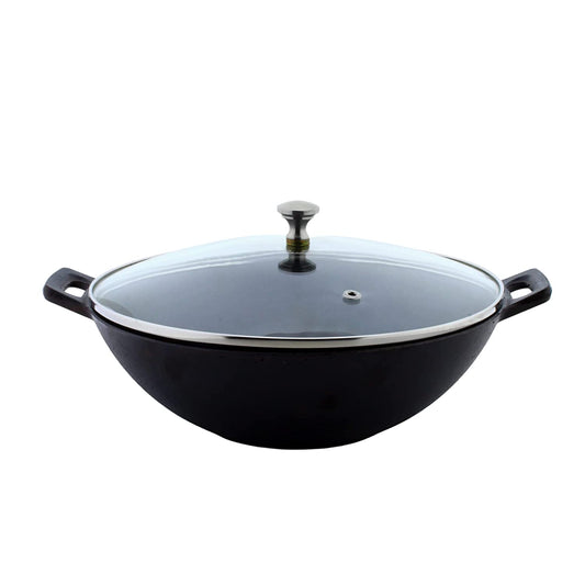 Cast Iron Kadhai | Sleek | Diameter 24 cms | Pre-Seasoned | with Lid | Induction Compatible