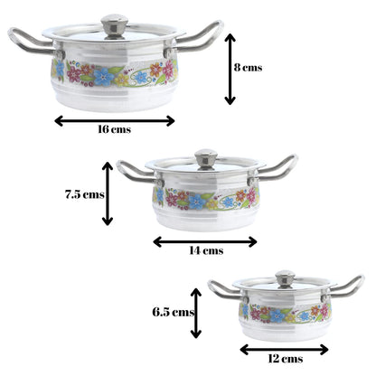 Stainless Steel Flower Design Serving Dish with Lid Set of 3 Pcs ( 12 cms, 14 cms, 16 cms )