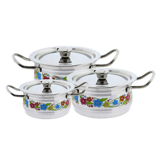 Stainless Steel Flower Design Serving Dish with Lid Set of 3 Pcs ( 12 cms, 14 cms, 16 cms )