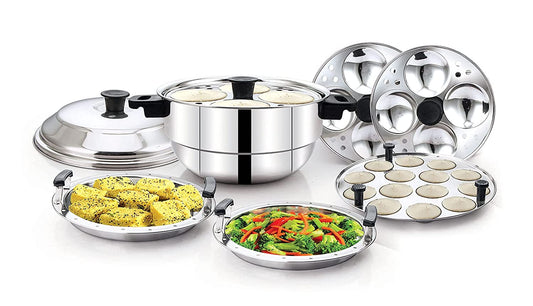 Essentials Stainless Steel 4 in 1 Steamer | Cooker (3 idli Plates | 1 Steamer Plate | 1 Dhokla Plate | 1 Mini Idly Plate)-12 idlies