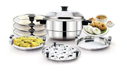Essentials Stainless Steel 4 in 1 Steamer | Cooker (3 idli Plates | 1 Steamer Plate | 1 Dhokla Plate | 1 Mini Idly Plate)-12 idlies