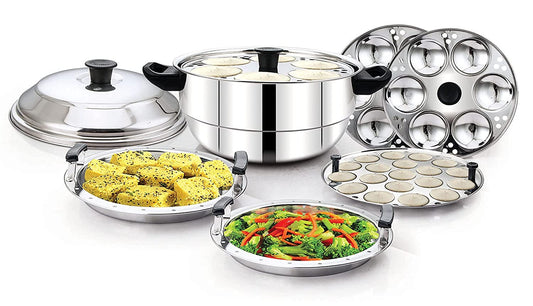 Essentials Stainless Steel 4 in 1 Steamer | Cooker (3 idli Plates | 1 Steamer Plate | 1 Dhokla Plate | 1 Mini Idly Plate) - 18 idlies