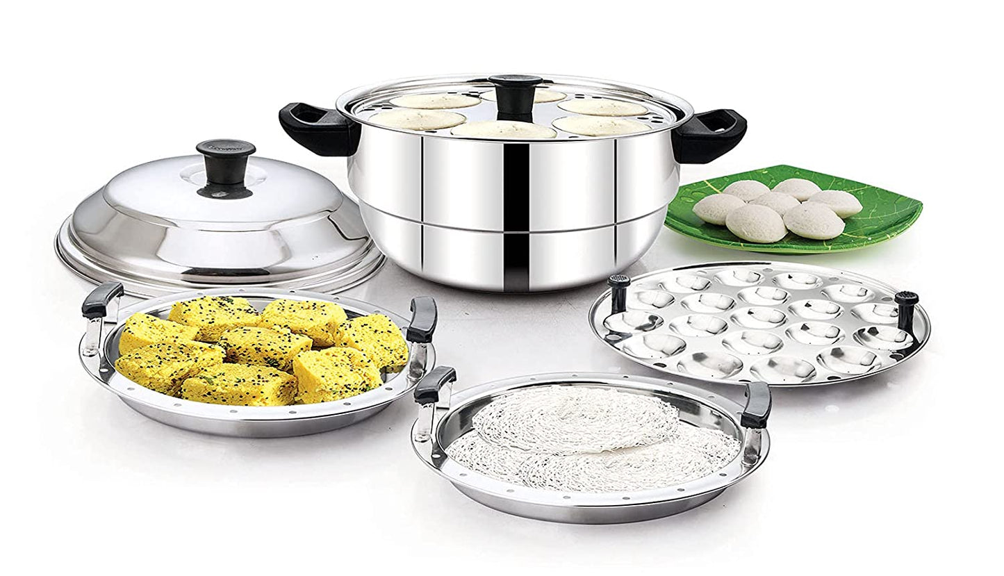 Essentials Stainless Steel 4 in 1 Steamer | Cooker (3 idli Plates | 1 Steamer Plate | 1 Dhokla Plate | 1 Mini Idly Plate) - 18 idlies