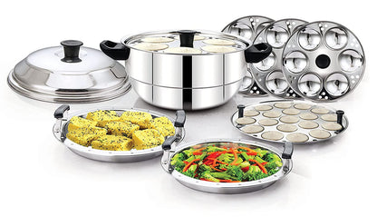 Essentials Stainless Steel 4 in 1 Idli Steamer | Cooker (4 idli Plates | 1 Steamer Plate | 1 Dhokla Plate | 1 Mini Idly Plate) - 24 idlies