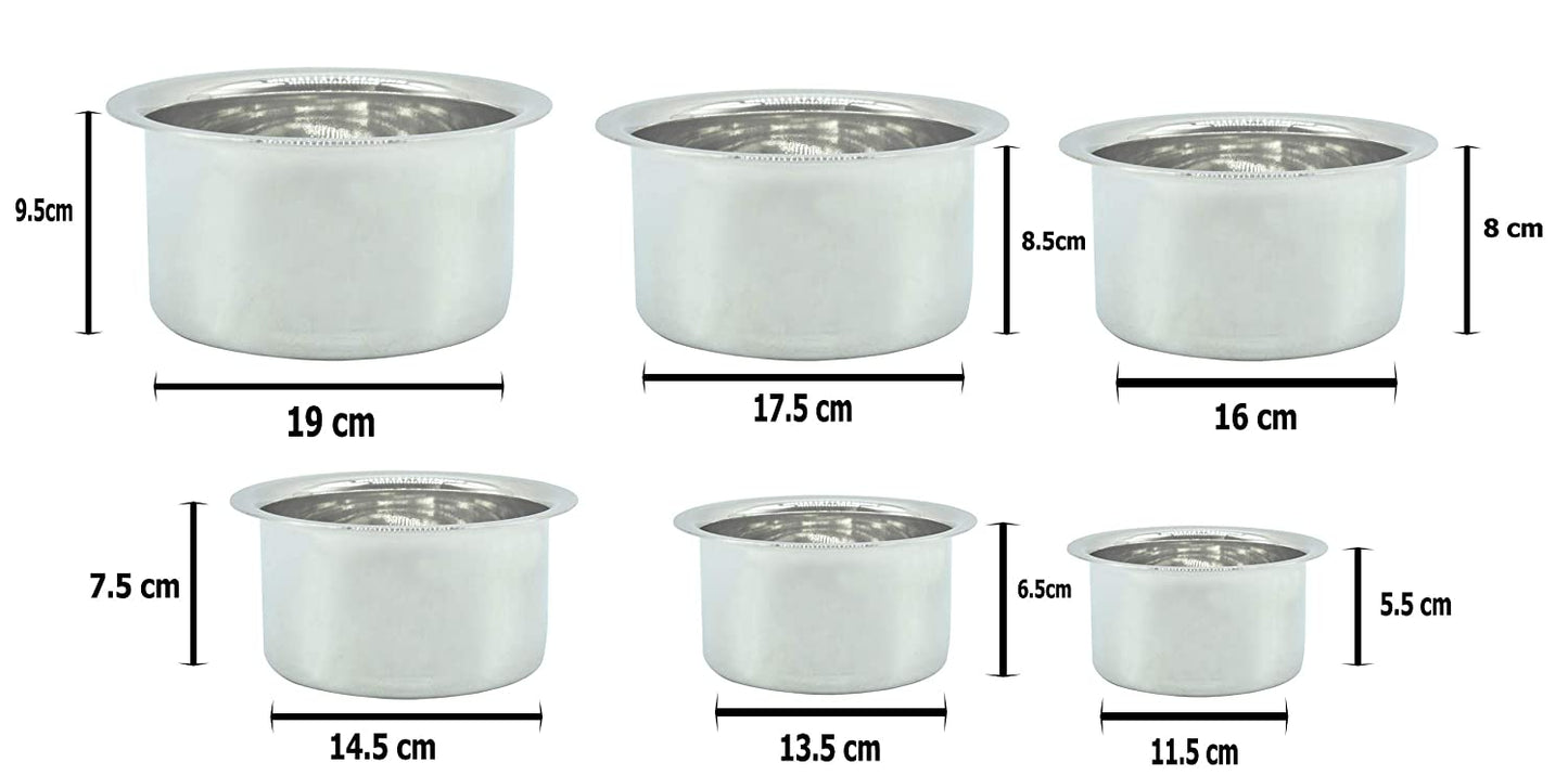 Stainless Steel Milk Pot | Cook and Serve Bowl | Tope Set (11.5cm, 13.5cm, 14.5cm, 16cm, 17.5cm, 19cm) - Set of 6 Pcs