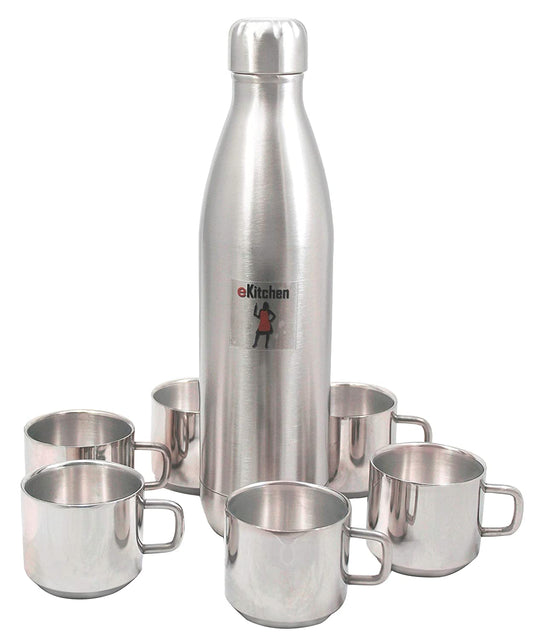 Stainless Steel 750ml Hot & Cold Water Bottle | Flask + 120ml Cups | Mugs Set of 6 Pcs