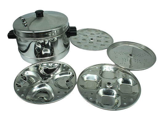 Stainless Steel Multi Steamer Different Shapes Idli Maker 4 Idli Plates (16 idlies) | 1 Square Shape Idli Plate | 1 Heart Shape Idli Plate | 1 Mini Idli Plate | 1 Steamer Plate