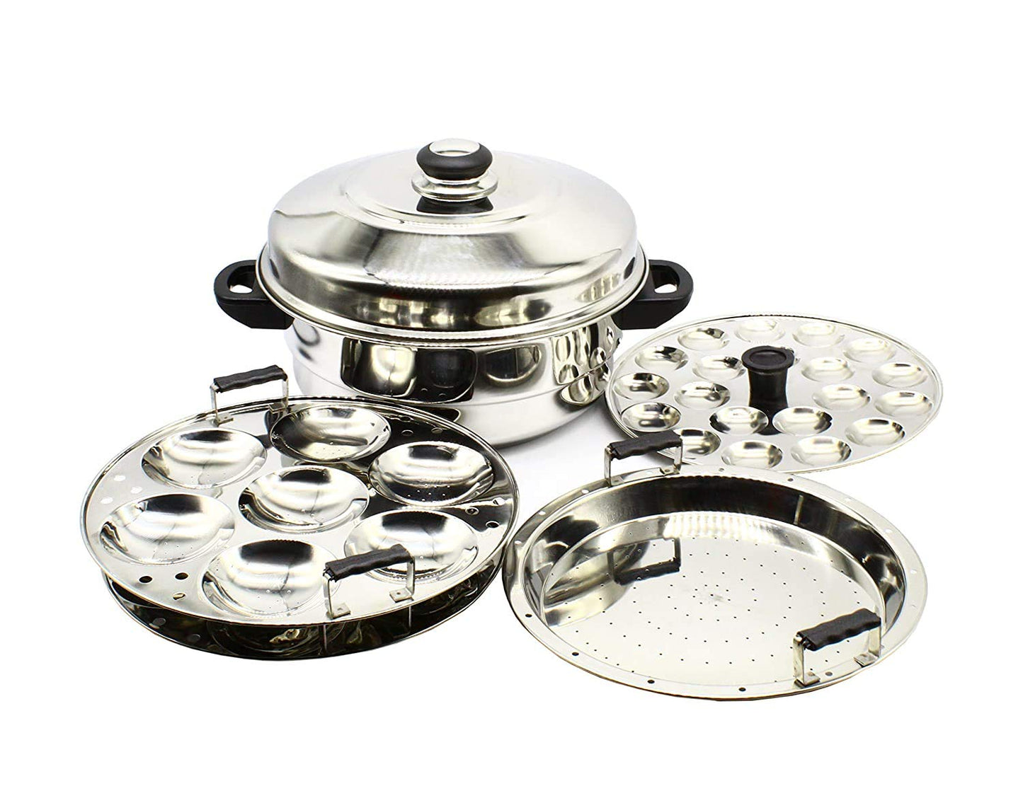 Stainless Steel Multi Steamer Pot 2 Idli Plates (14 Idlis), 1 Mini Idli Plate (20 Mini Idlis) and 1 Multi Purpose Steamer | Idiyappam Steamer Plate (Induction Compatible)