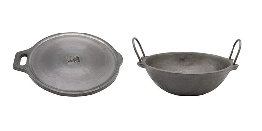 Cast Iron Pre-Seasoned Flat Tawa 11" & Pre-Seasoned Cast Iron Kadai 8"(Combo Set of 2)-Induction Compatible