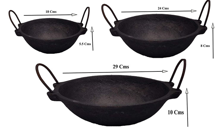 Pre-Seasoned Cast Iron Kadhai 7.5, 8 and 11.5 inches-Set of 3 (Induction Compatible)