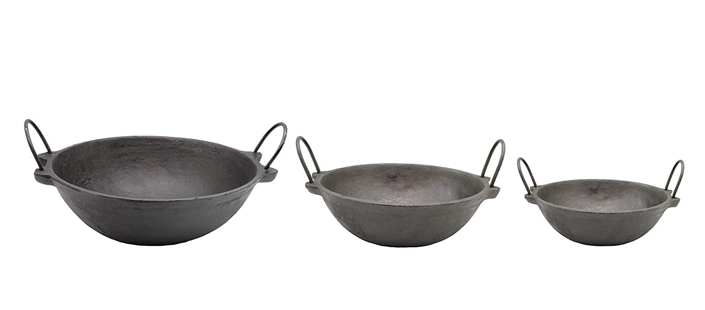 Pre-Seasoned Cast Iron Kadhai 7.5, 8 and 11.5 inches-Set of 3 (Induction Compatible)