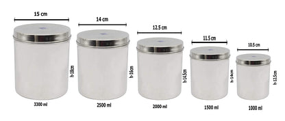 Stainless Steel Canister Set Of 5 Pcs - 1000 ml, 1500 ml, 2000 ml, 2500 ml, 3300 ml