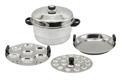 Stainless Steel Multi Steamer Pot 3 Idli Plates (21 Idlis)| 1 Mini Idli Plate (20 Mini Idlis) and 1 Multi Purpose Steamer | Idiyappam Steamer Plate (Induction Compatible)