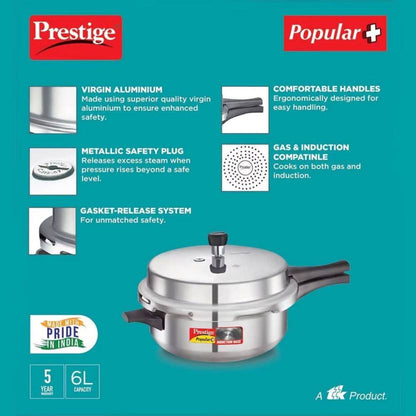 Prestige Popular Plus Senior Deep Pan 6 Litres Induction Bottom Aluminium Pressure Cooker - 10212