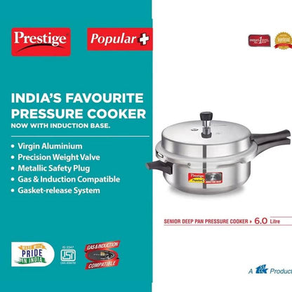 Prestige Popular Plus Senior Deep Pan 6 Litres Induction Bottom Aluminium Pressure Cooker - 10212